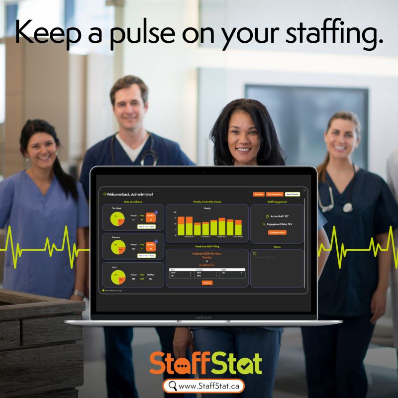 Eager StaffStat team members are ready for their shifts, demonstrating a preview of the StaffStat scheduling tool on their laptop screen.